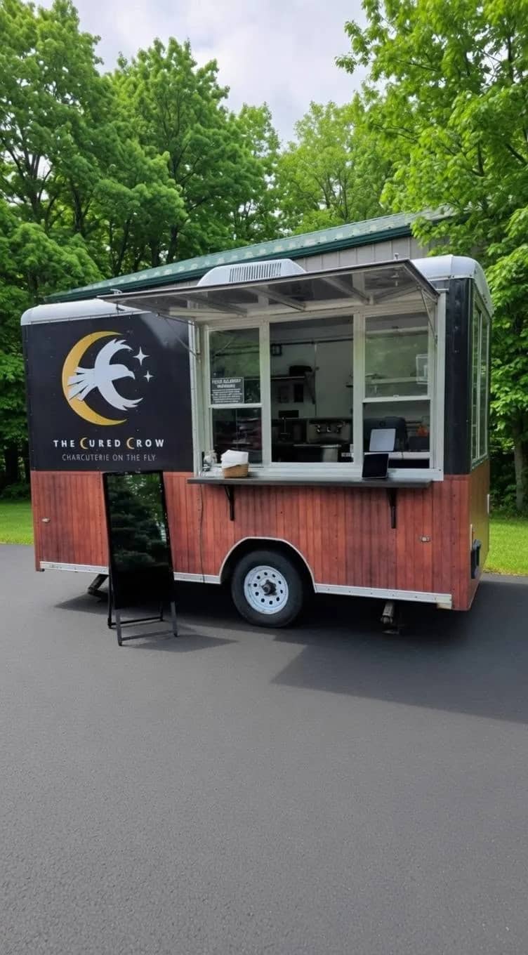 The Cured Crow food trailer with its serving window open at a woodland event